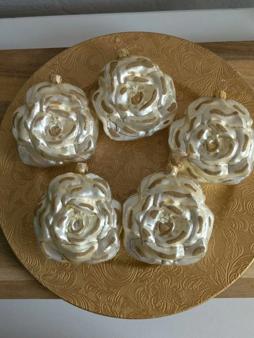 5 Vtg Glass Gold Rose Shaped Christmas Ornaments W/ Gold Beads Winter Wedding #2